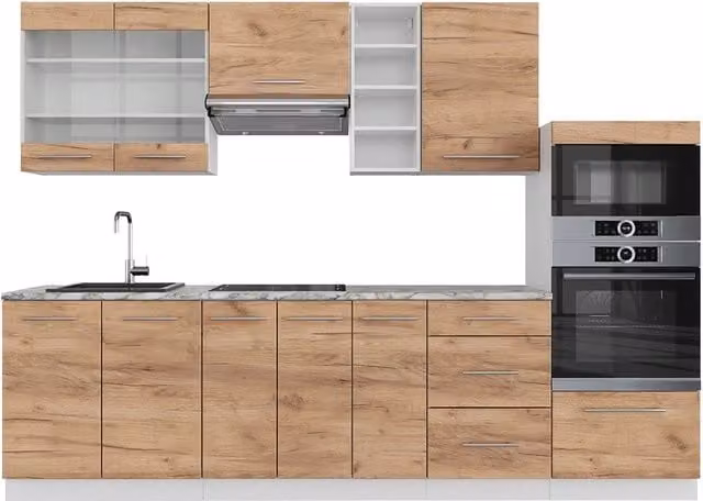 Cucina componibile moderna Fame-Line Vicco in rovere e bianco con piano in marmo, Larghezza: 280 cm – 1