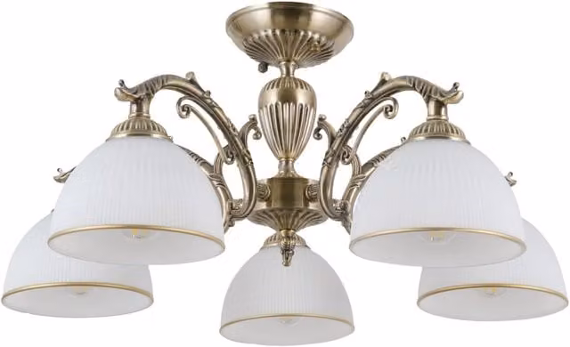Lampadario a soffitto Italux Feneza in metallo e vetro con 5 luci E27, finitura ottone e bianco, stile classico dimmabile