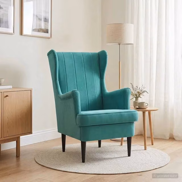 Poltrona moderna in velluto turchese con braccioli e struttura in legno e metallo 736647 – 1