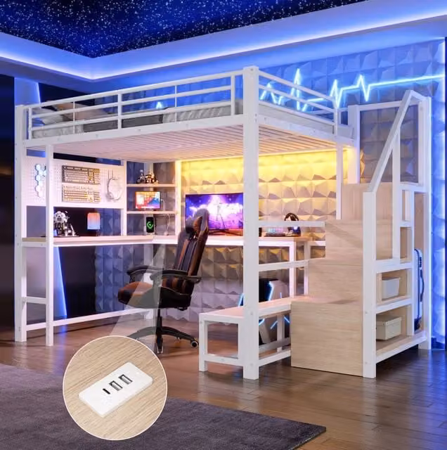 Letto a soppalco 140x200 cm con scrivania, LED, USB e USB-C bianco HAVRYA
