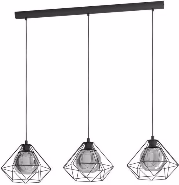 Lampada a sospensione Eglo Vernham con 3 luci in metallo e vetro nero e trasparente, design diamante moderno, Ø 32,5 cm