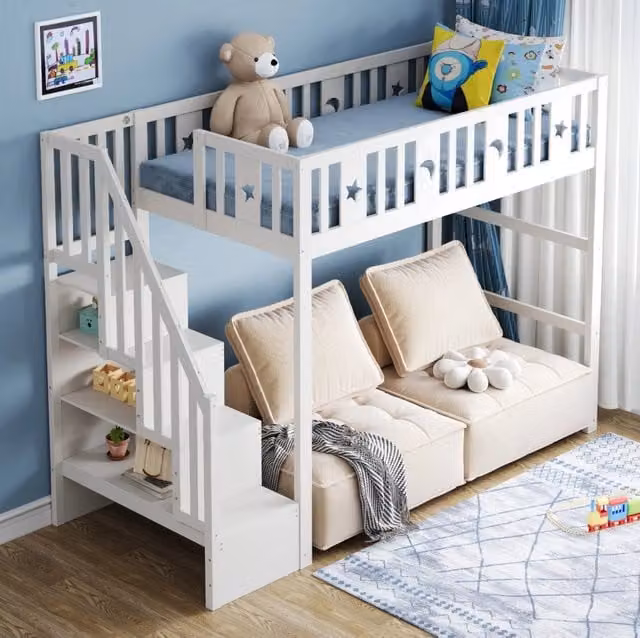 Letto a soppalco 90x200 cm in legno massello con scala e scaffali; bianco