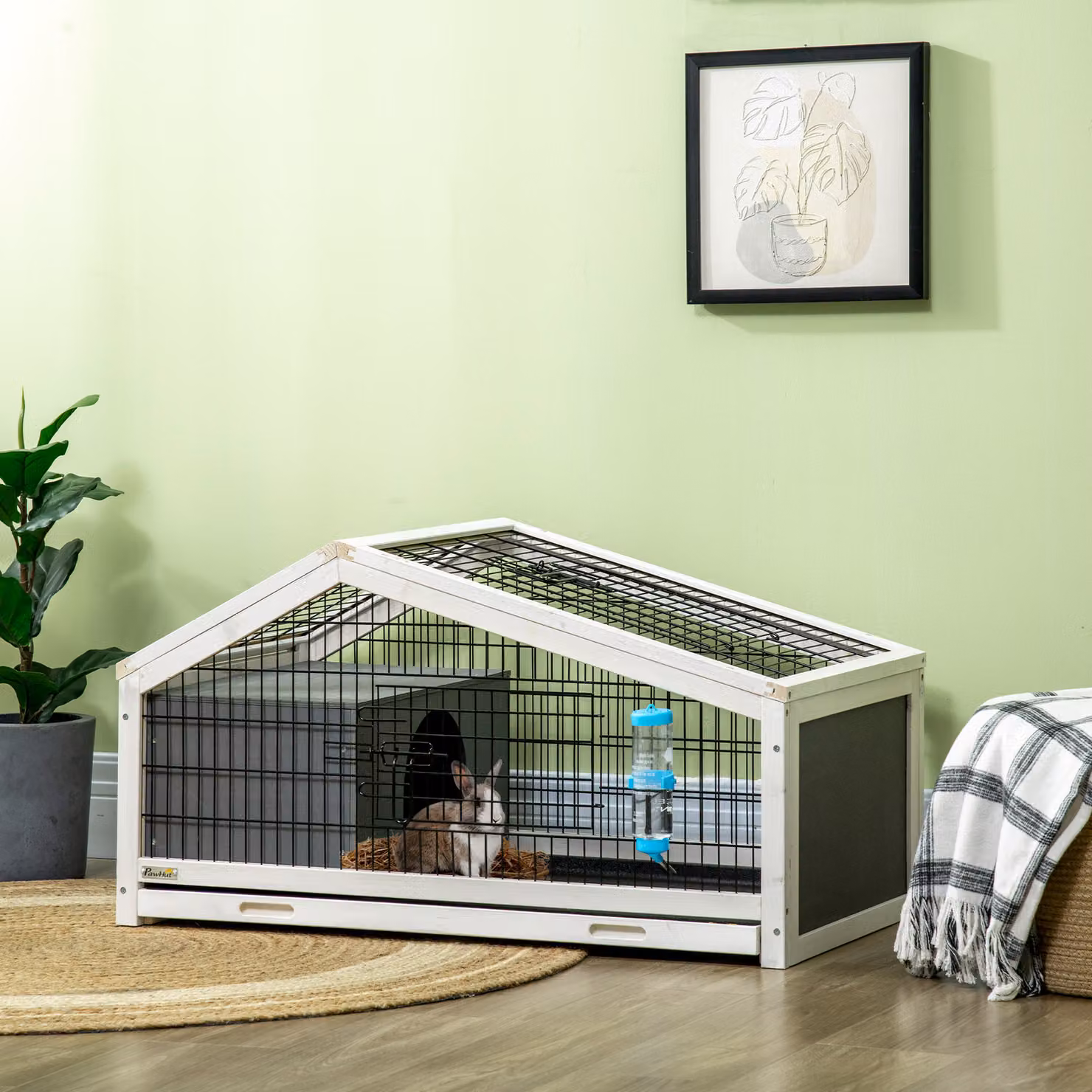 Conigliera in legno PawHut con casetta e area aperta, gabbia per piccoli animali con vassoio estraibile, L 90 x P 53 x H 50 cm, Grigio e Bianco – 2