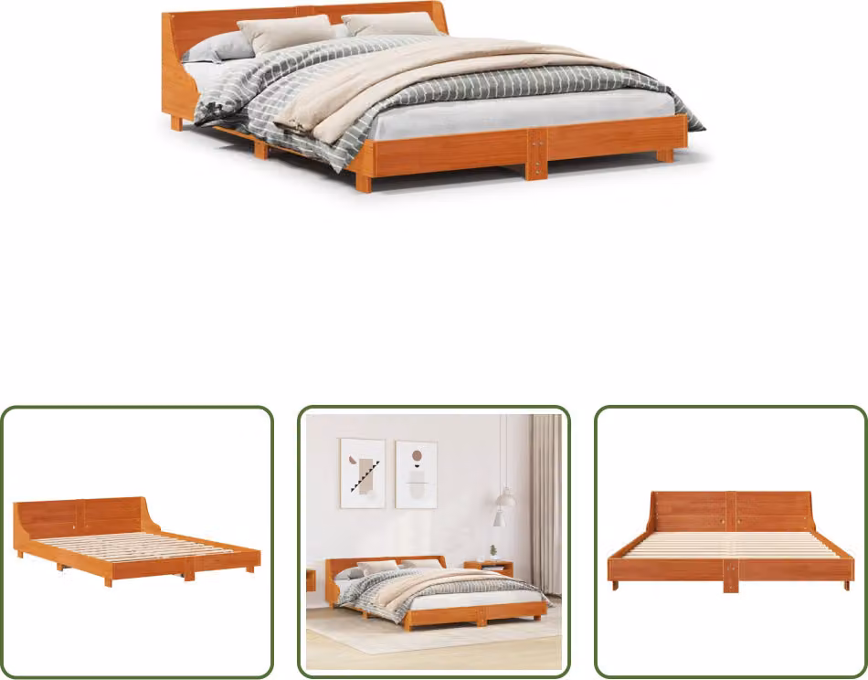 The Living Store letto in legno massiccio senza materasso cera marrone 140x200 cm legno di pino