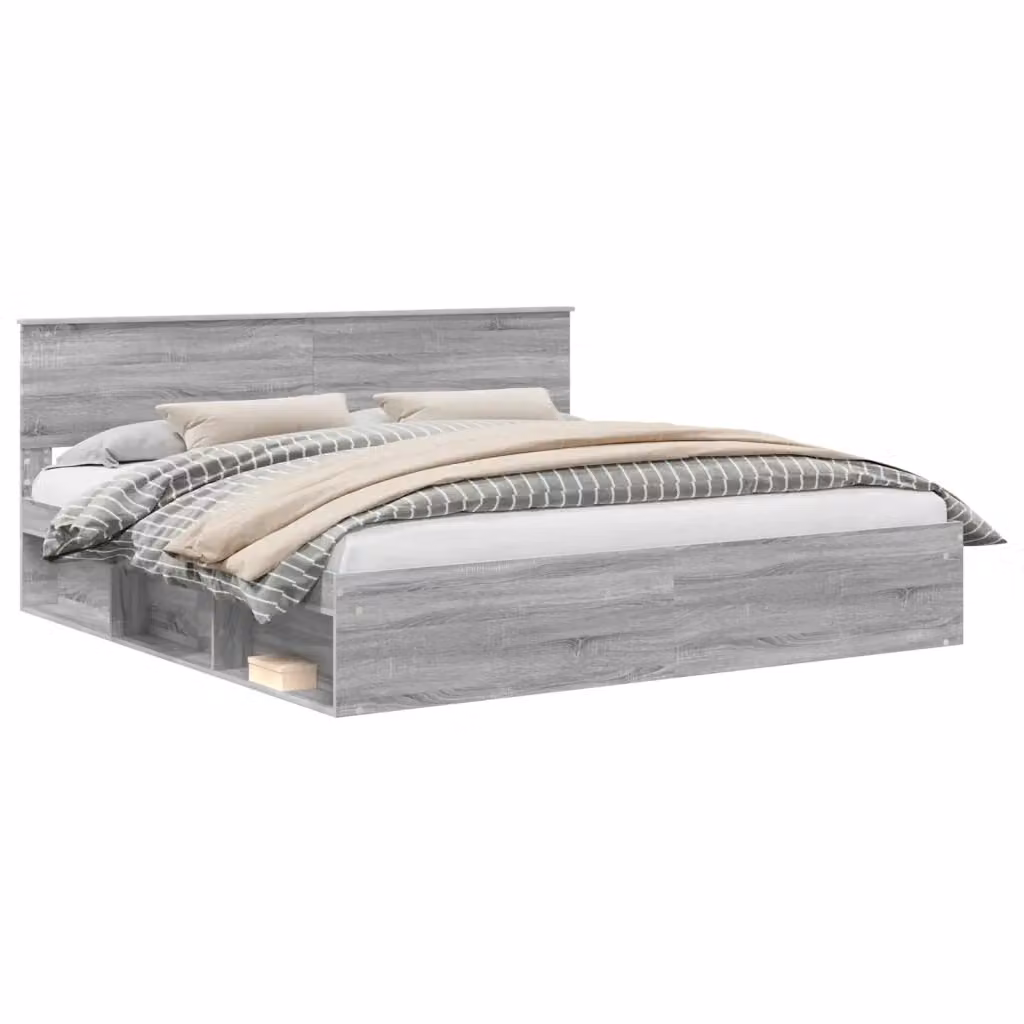 Struttura del letto vidaXL in pino e legno con contenitore, colore grigio, 200 x 200 cm – 2