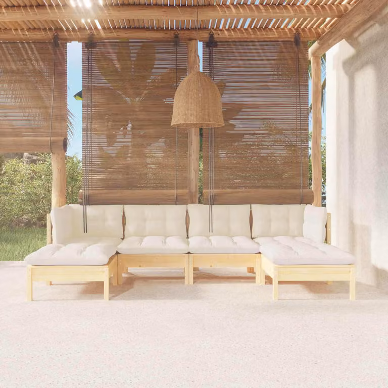 The Living Store Set da giardino da 6 pezzi con cuscini crema in legno di pino