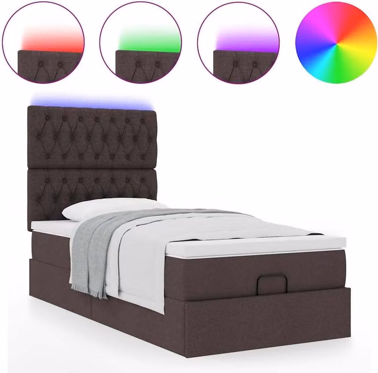Pouf Letto con Materasso e LED Marrone Scuro 90x200 cm Tessuto