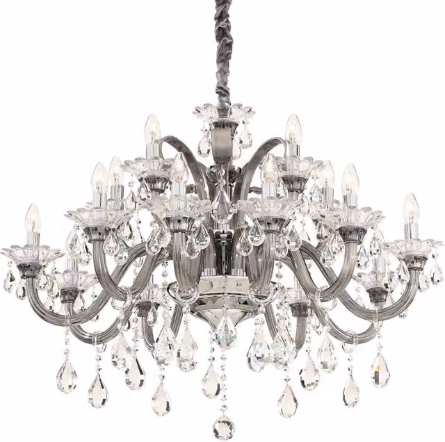 Lampadario Classico Sospeso IDEAL LUX Colossal in Metallo e Cristallo Grigio e Cromo con 15 Luci E14