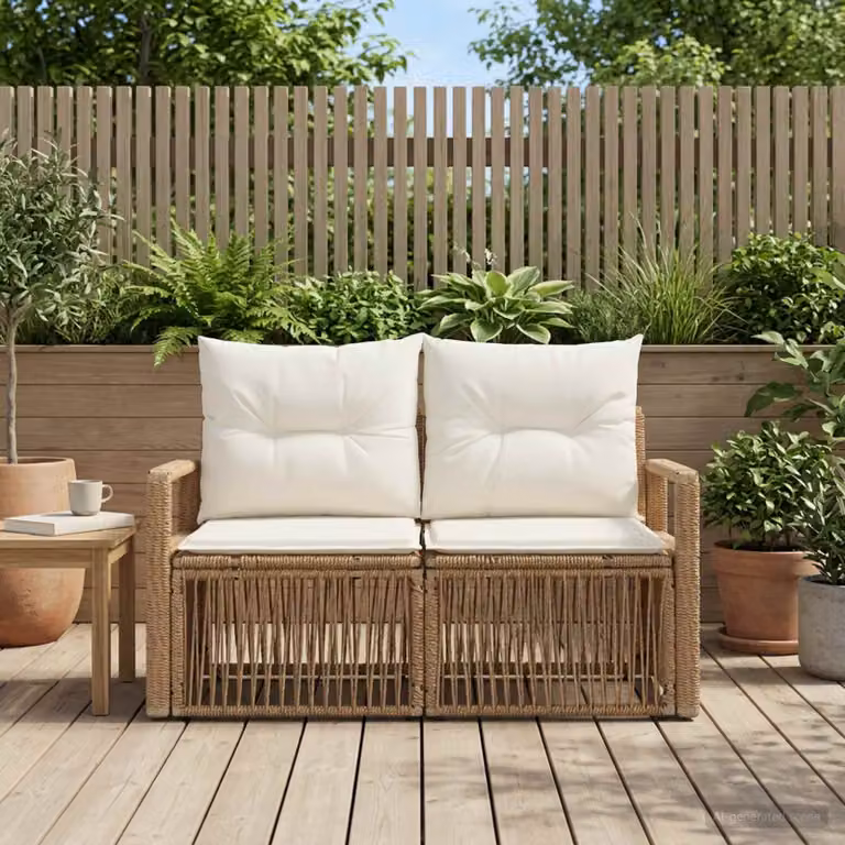 Divano da giardino a 2 posti vidaXL in polyrattan beige con cuscini inclusi e struttura in metallo L: 122 cm, P: 70 cm, H: 62 cm