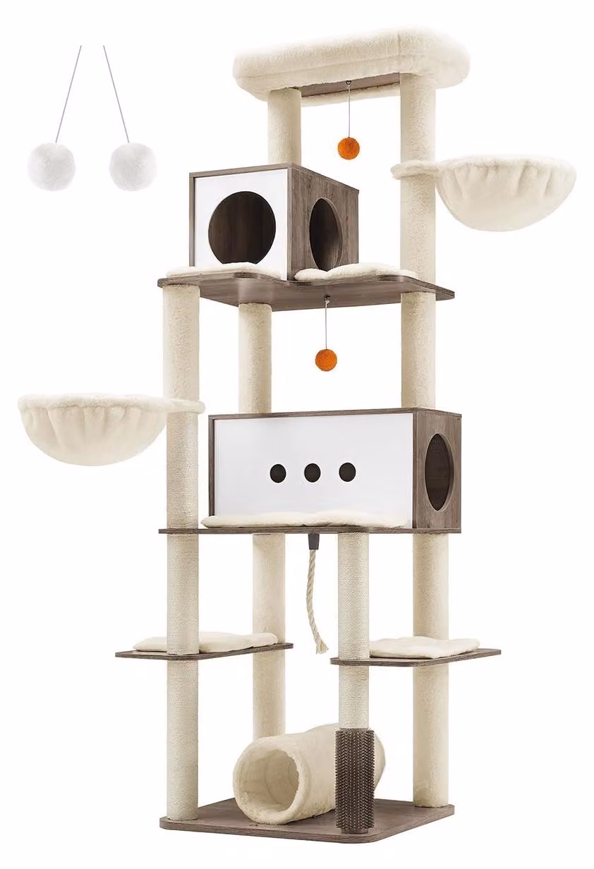 Albero per gatti e tiragraffi – Pannello di truciolato – Peluche – Sisal – Antiscivolo – 60 x 60 x 197 cm