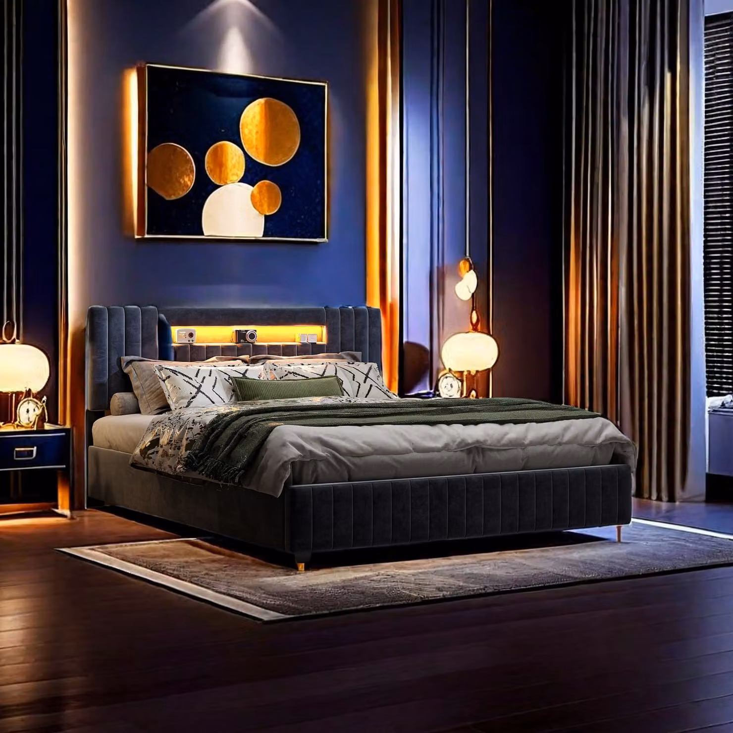 UnboxG Letto imbottito matrimoniale 160x200 cm, letto contenitore con luci LED, letto giovanile con testata contenitore, rete idraulica con doghe in legno, velluto, grigio