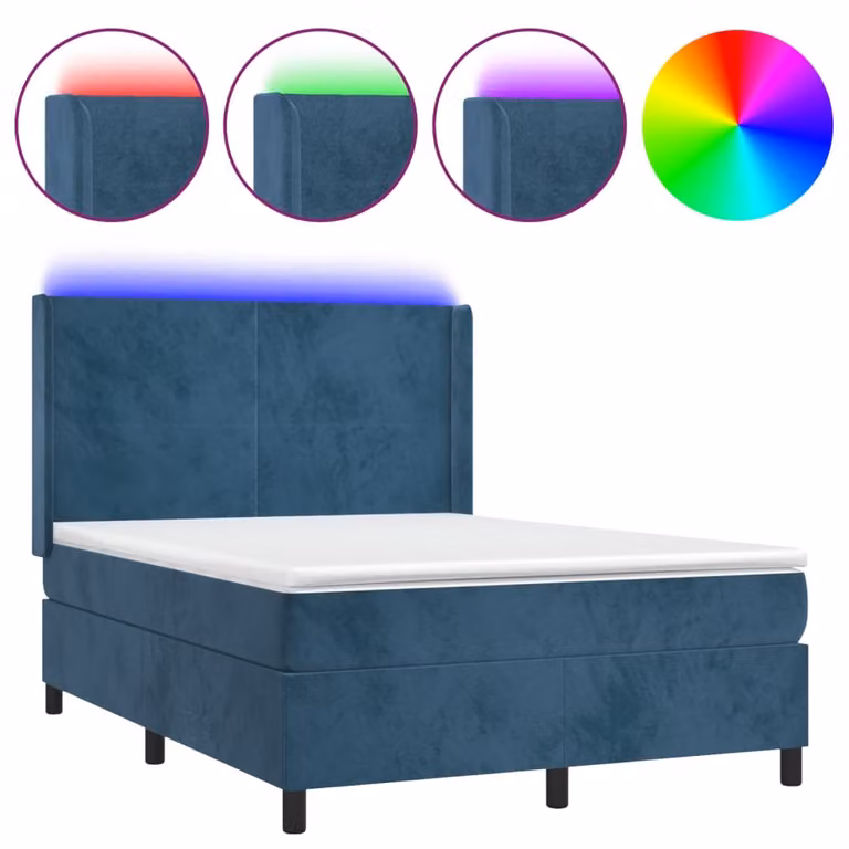 Letto a Molle con Materasso e LED Blu Scuro 140x190 cm