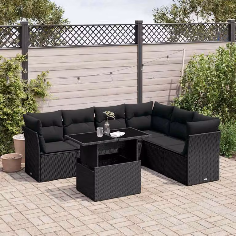 vidaXL Set Divano da Giardino a L con Tavolino e 7 Cuscini Nero