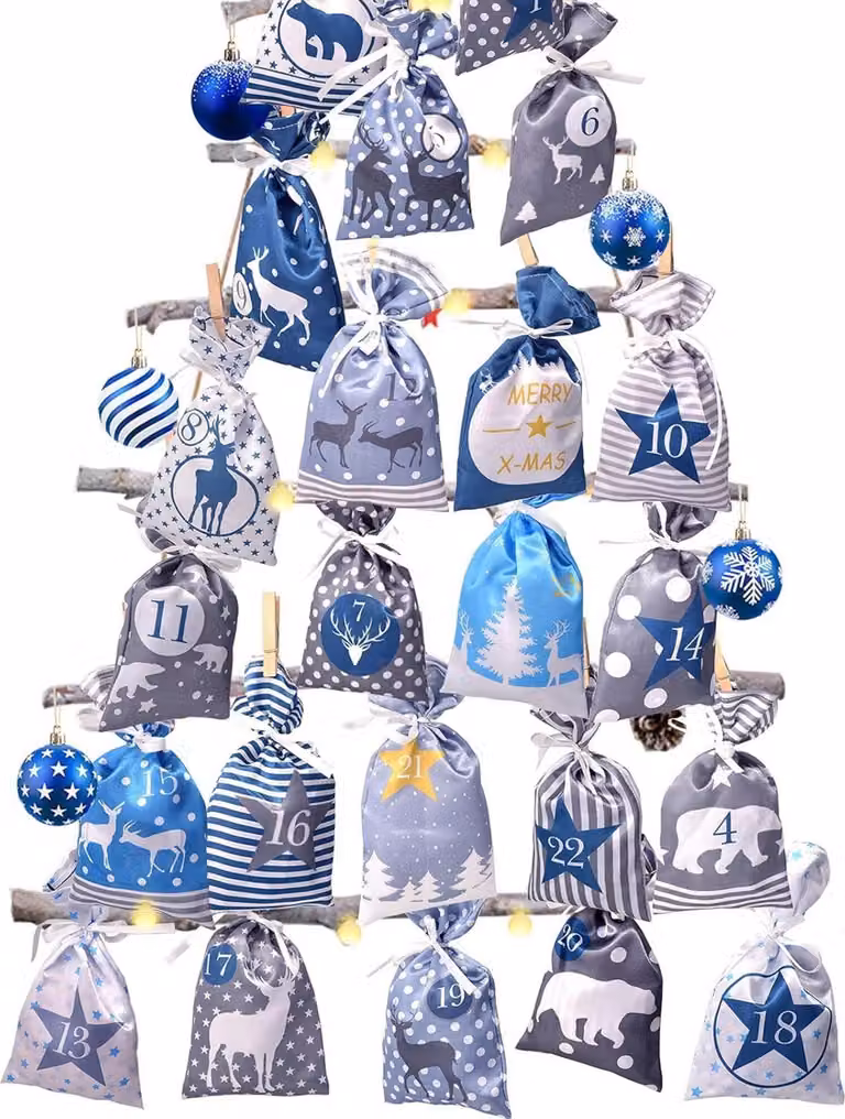 Calendario dell'Avvento da riempire con sacchetti di stoffa, set fai da te con 24 sacchetti - Calendario di Natale blu grigio