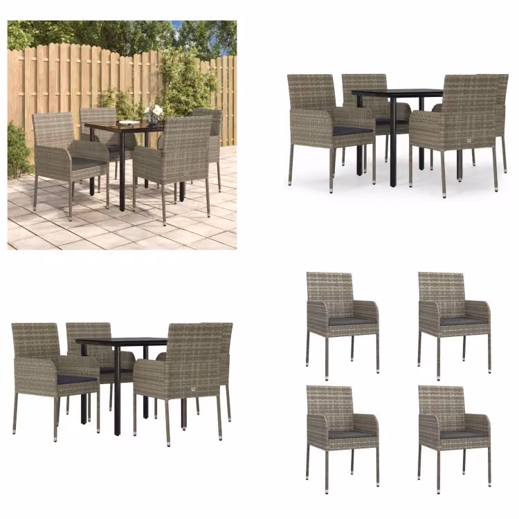 vidaXL Set da pranzo da giardino 5 pezzi con cuscini in poly rattan nero e grigio - Set da pranzo da giardino - Set da pranzo da giardino - Set da pranzo da terrazza