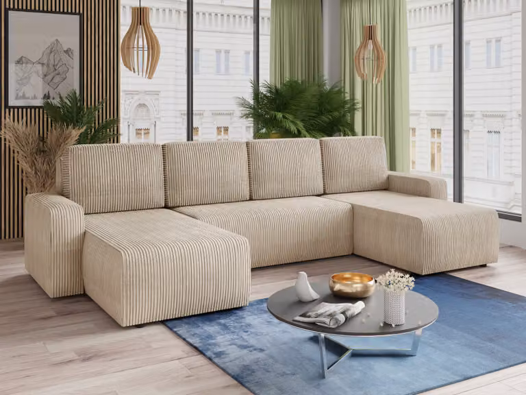 Zona giorno Roma con funzione letto - divano a U, divano letto con rete, set di divani con funzione letto, divano grande, tessuto a coste (Beige (Poso 100))