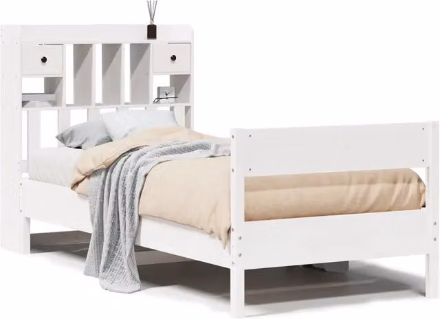 Letto singolo con libreria e cassetti in legno di pino massello bianco DESIGN IN L/P/H: 190 x 90 x 110 cm – 1