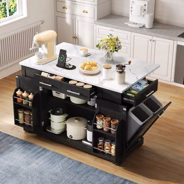 Isola da cucina moderna ¨C Minimal ¨C 138cm, nero, piano effetto marmo, ruote silenziose, prese EU, ripiani regolabili, vano cestino estraibile