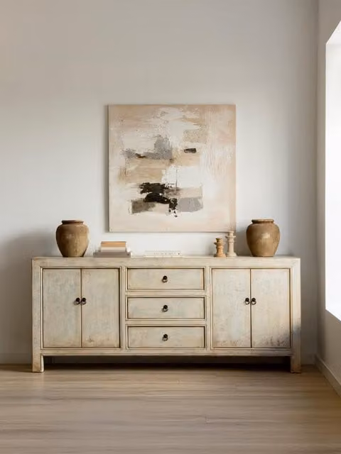 Credenza Siruma 200 in legno massiccio blu e bianco rigato Kenay Home