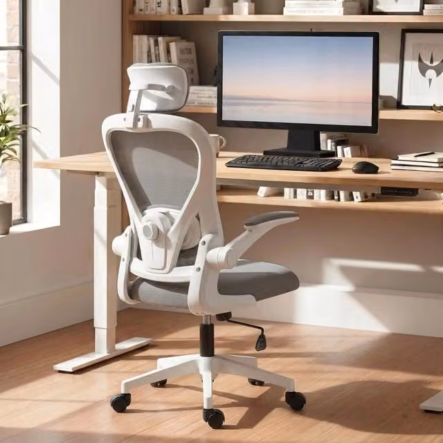Sedia da ufficio ergonomica con poggiatesta regolabile supporto lombare e braccioli ribaltabili in poliestere grigio