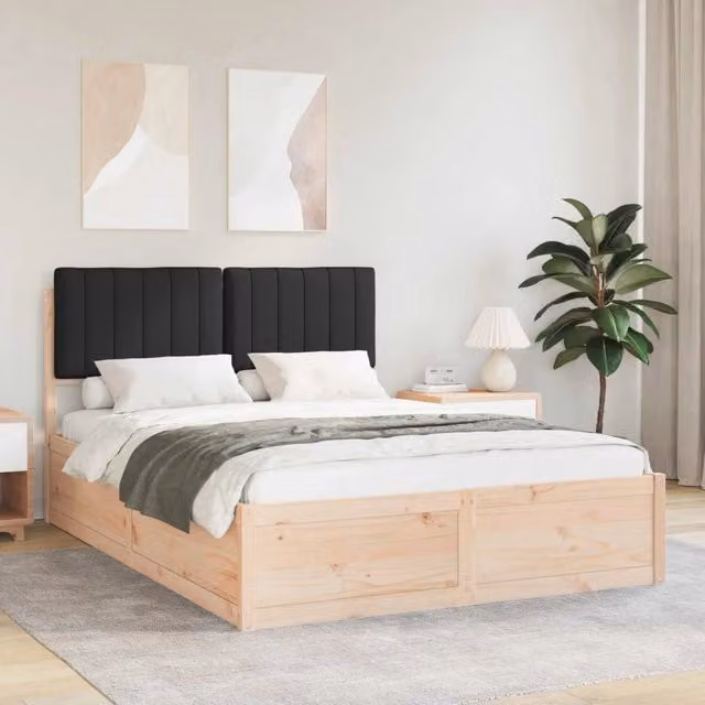 Letto moderno vidaXL in pino massello con testiera rivestita in tessuto nero L/P/H: 140 x 200 x 145,5 cm
