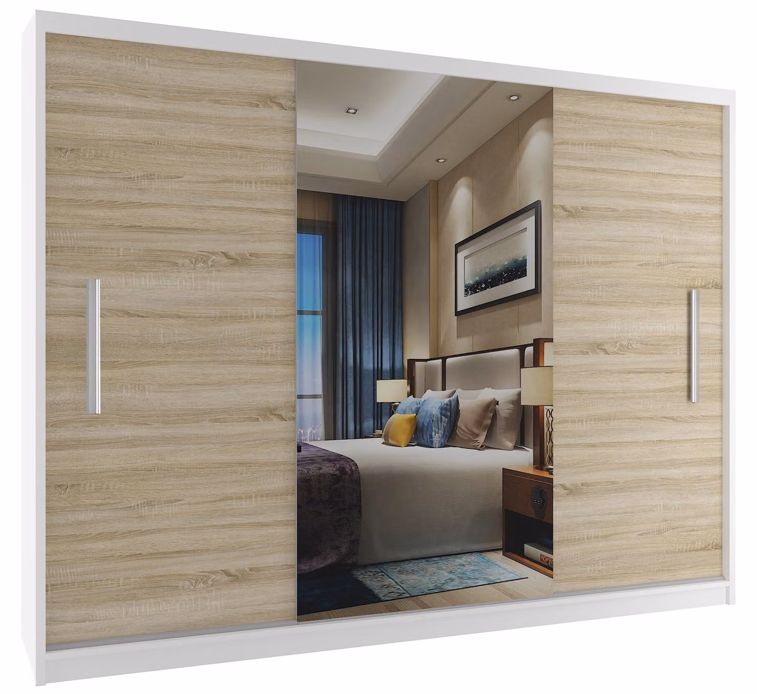 BELINI Verona, armadio scorrevole da 232 cm, bianco/effetto legno sonoma opaco - armadio con specchio e asta appendiabiti, ideale per la camera da letto