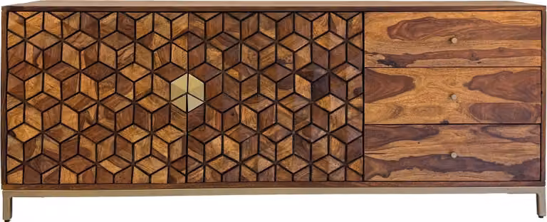 Credenza WOHNLING Credenza in legno massiccio di sheesham da 180 cm con 2 ante e 3 cassetti Moderna con motivo geometrico credenza soggiorno sala da pranzo