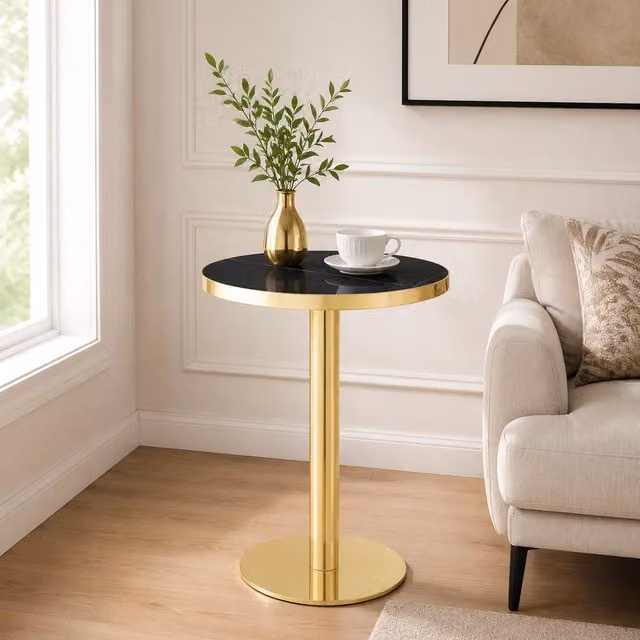 Tavolino Rotondo da Salotto Minimal con Effetto Marmo Nero e Struttura in Acciaio Dorato, Diametro: 73.5 cm, Altezza: 59.5 cm