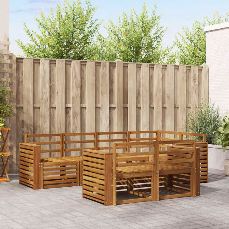 Set di divani da esterno vidaXL a forma di L composto da 7 pezzi in legno di acacia con cuscini in poliestere resistente ai raggi UV, colori beige, bianco e marrone