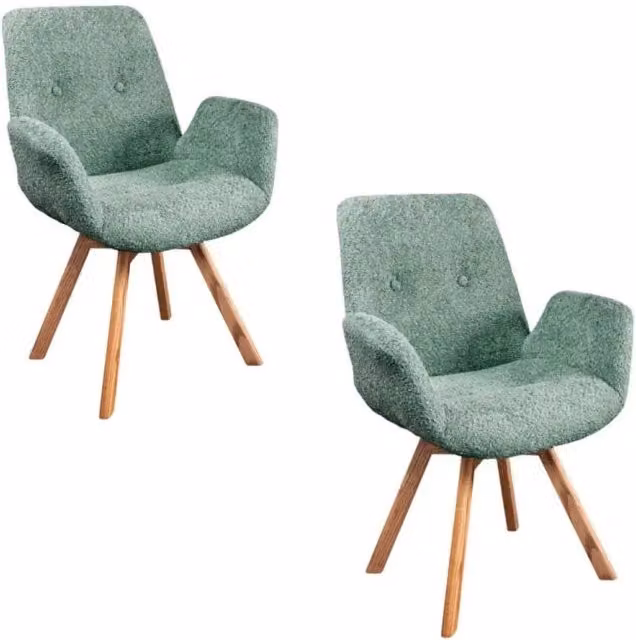 Set di 2 sedie design SORRANO MEUBLORAMA girevoli a 360 in tessuto bouclé verde con gambe in rovere chiaro