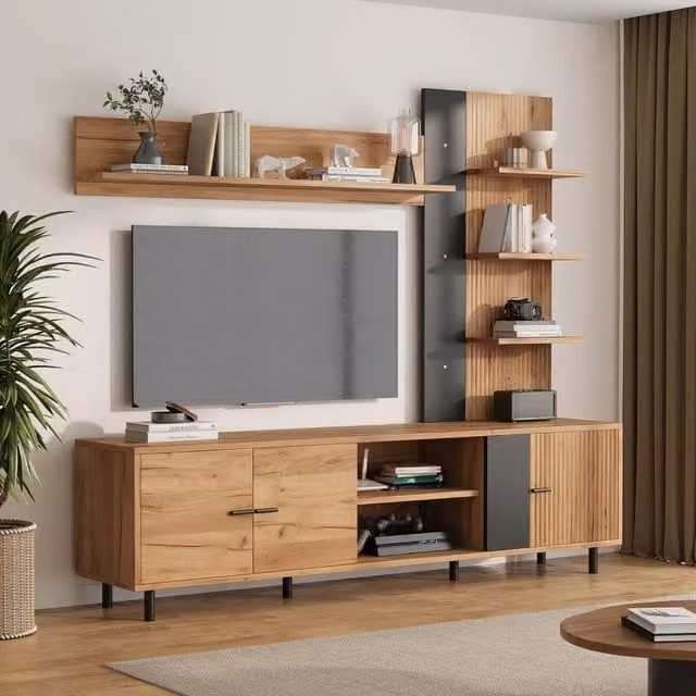 Mobile porta TV con 3 ante e ripiani aperti, per soggiorno, in truciolare, legno e nero, 187,5 × 40 × 167 cm