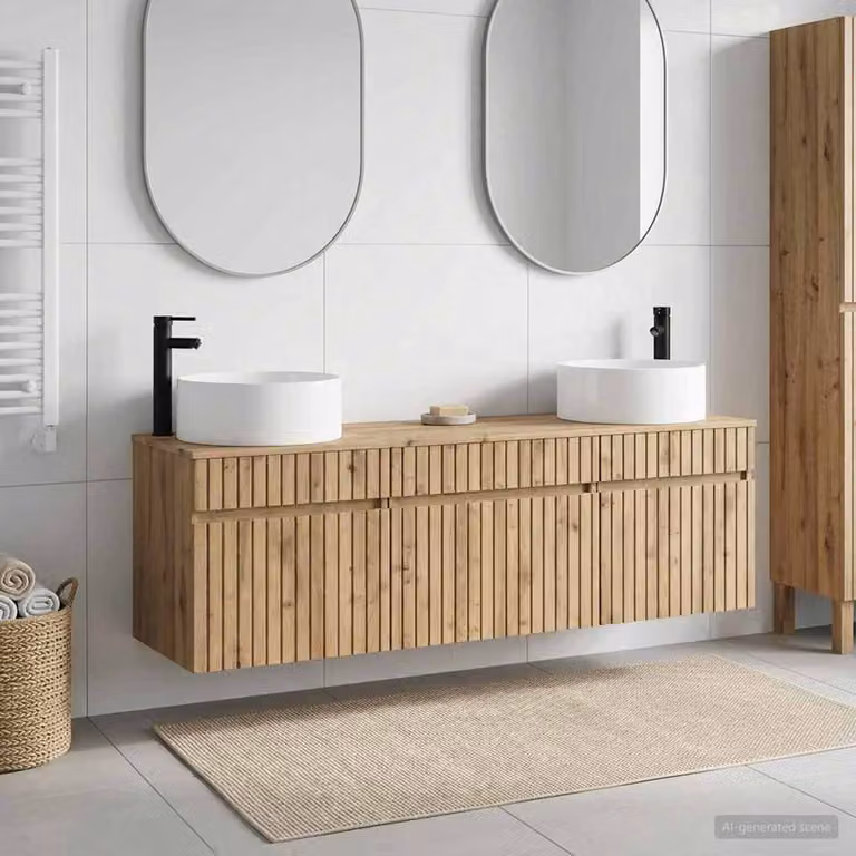 Set di 3 mobili da bagno moderni vidaXL in legno e metallo marrone con pensili e mobile lavabo sospesi