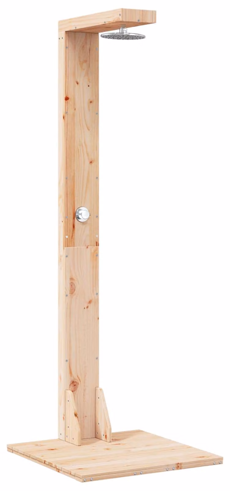 Doccia da giardino, 210 cm, realizzata in legno massello di pino e acciaio inossidabile, finitura naturale