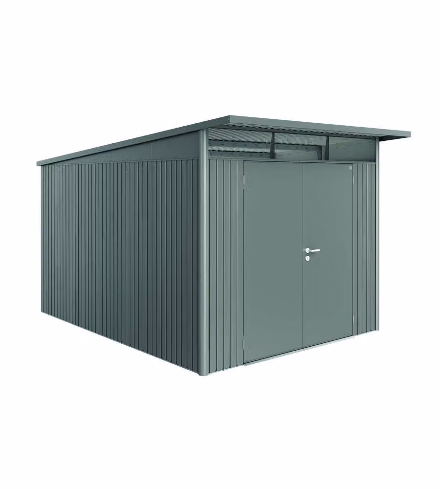 Casetta da giardino Biohort AvantGarde in acciaio grigio quarzo metallizzato con porta a due battenti