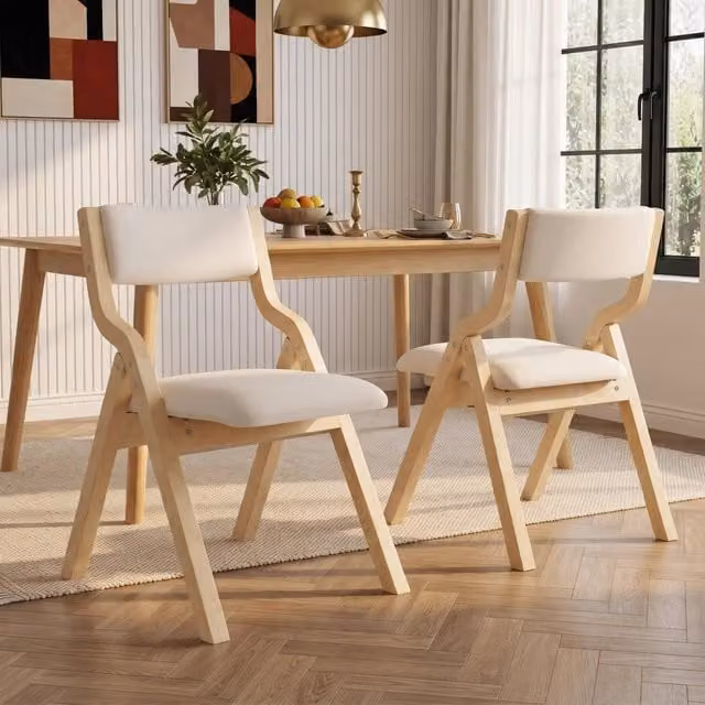 Coppia di sedie da pranzo pieghevoli OKWISH in legno massello con seduta imbottita in tessuto beige stile scandinavo
