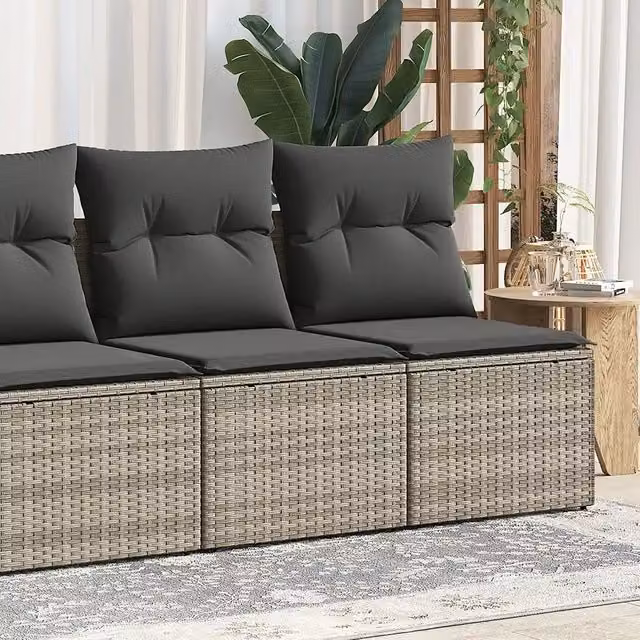 Set di Divani da Giardino Design Mania in Polyrattan Acacia Grigio Chiaro con Cuscini Imbottiti e Rivestimenti Rimovibili