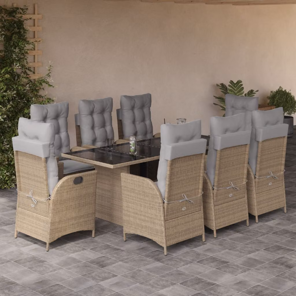 Set Pranzo da Giardino vidaXL in Polyrattan con Cuscini Beige e Grigio, 9 Pezzi – 1