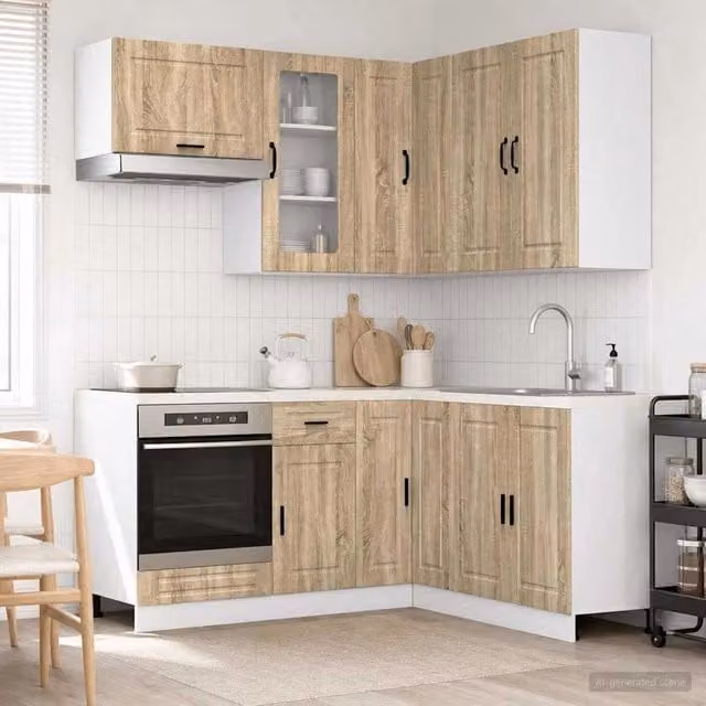 Unità cucina moderna vidaXL PORTO composta da 8 pezzi in legno ingegnerizzato color rovere e bianco con ante in vetro