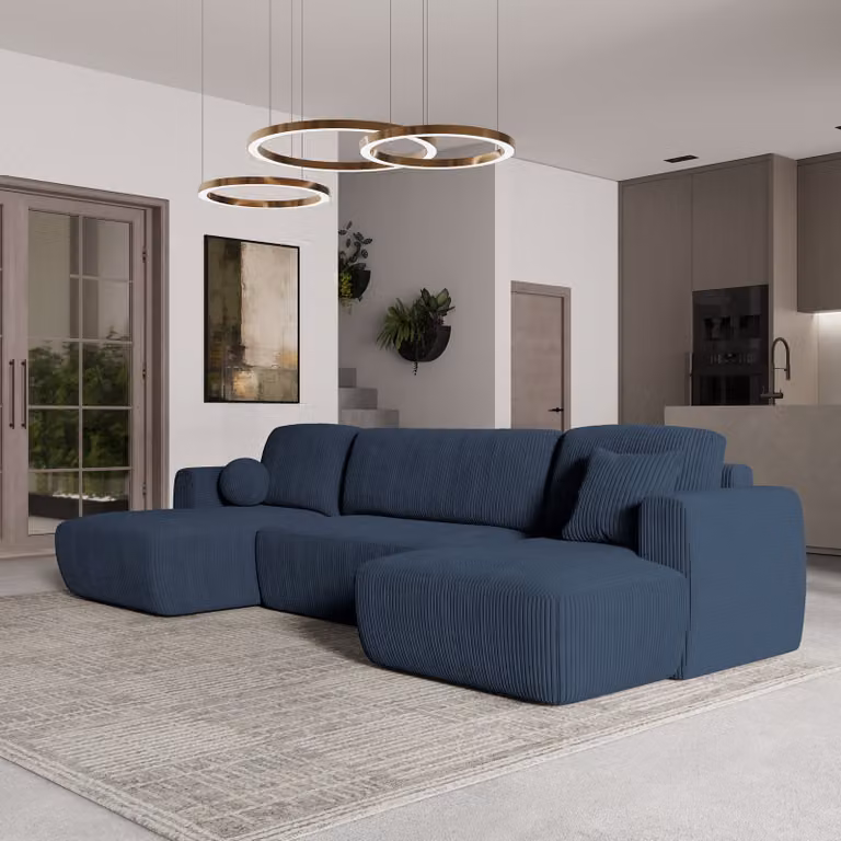Divano angolare SENTUM P di Masseno con funzione letto a U, divano con box letto, divano da soggiorno, divano, divano letto, set di divani - blu, POSO 05