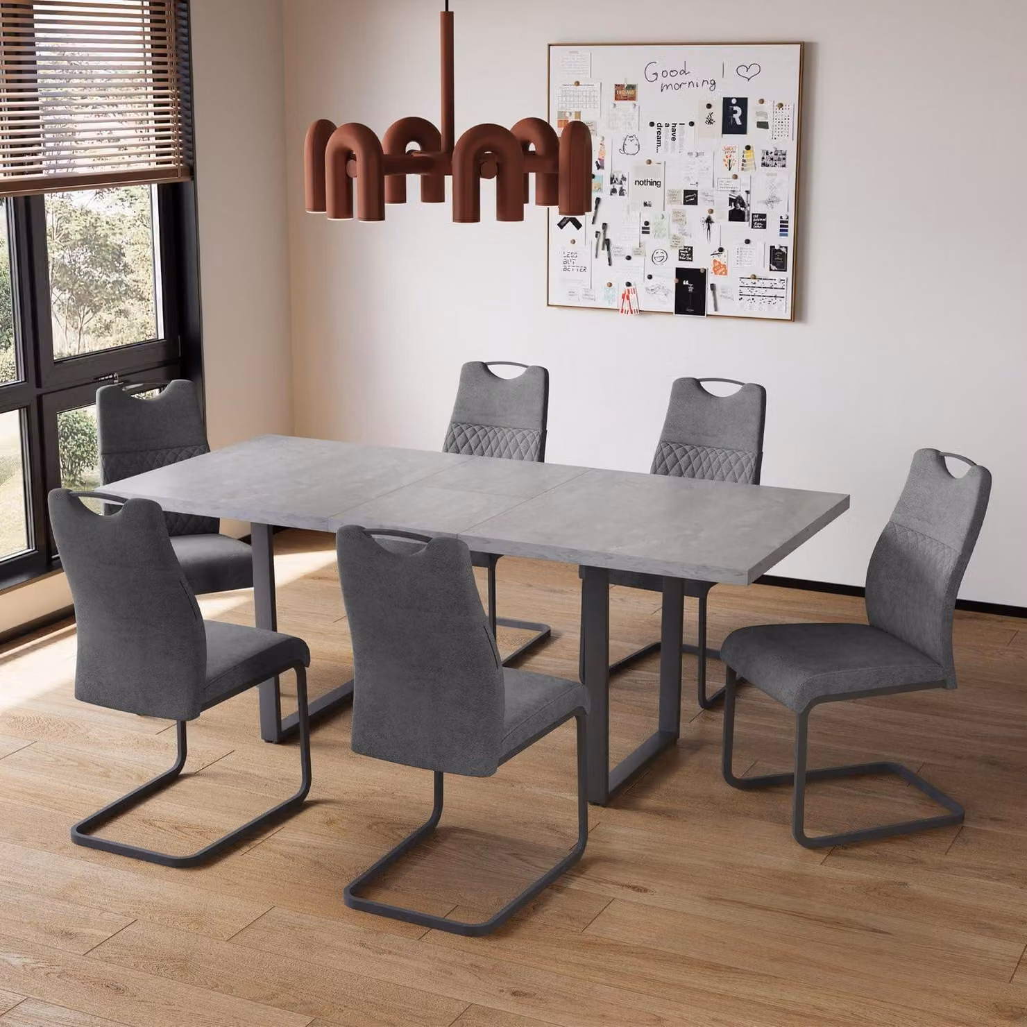 Tavolo allungabile con 6 sedie, struttura in MDF grigio, dimensioni 130-170 cm