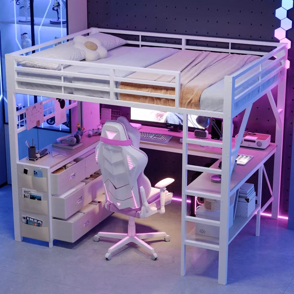 Letto a soppalco gaming moderno in metallo e MDF bianco con scrivania, cassetti e luci LED sotto il letto, L/P/H: 204 x 140 x 172 cm – 2