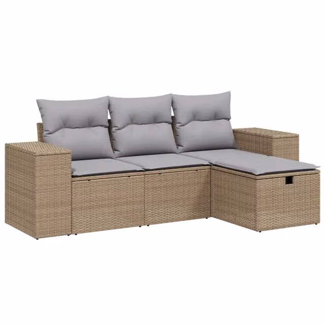 Set Divano da Giardino 4 pz | Set Salotto da Giardino con Cuscini Beige Misto Polyrattan