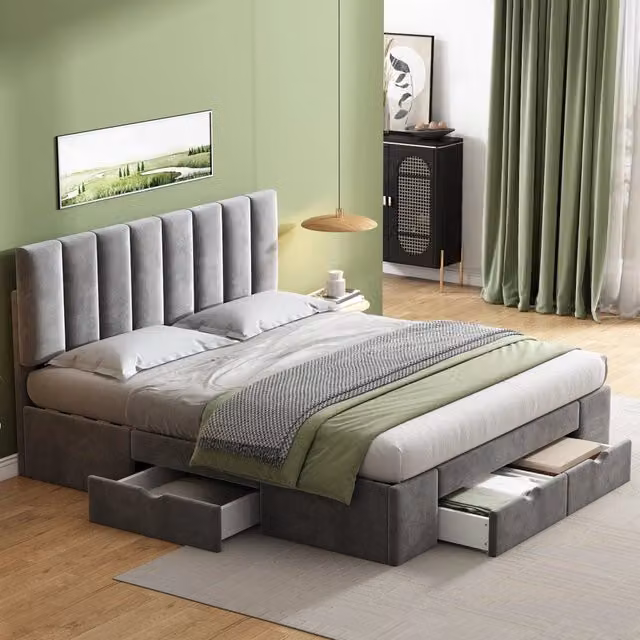 Letto matrimoniale 160 × 200 cm con 4 cassetti e testiera regolabile, senza materasso, in velluto grigio