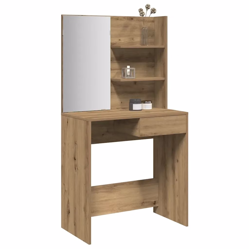 Toeletta con specchio in rovere e vetro, design moderno, colore marrone, L: 74,5 cm, P: 40 cm, H: 141 cm – 2