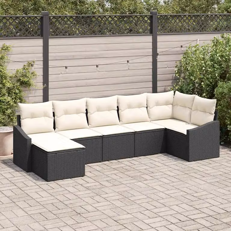 Set di divani da giardino vidaXL in rattan nero con cuscini beige e tavolino da esterno