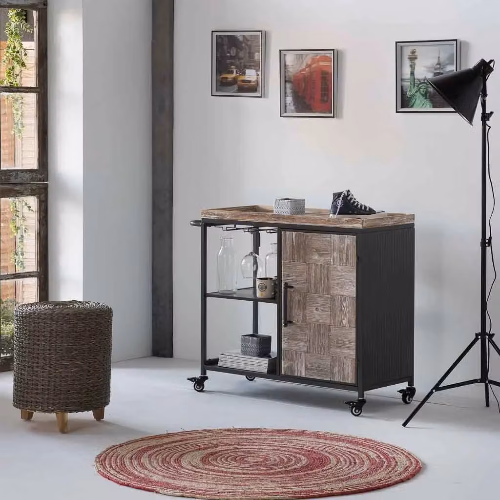 Scaffale portabottiglie con ruote WANDERLUST DECO in legno e metallo grigio e marrone L: 100 cm, P: 40 cm, H: 83,5 cm – 2