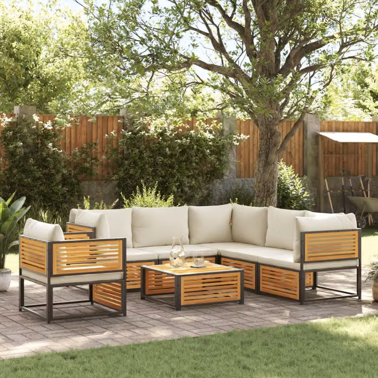 vidaXL Set Divano da Giardino a L 7 pz con Cuscini in Legno di Acacia e Acciaio Verniciato Disponibile in Bianco, Marrone o Beige