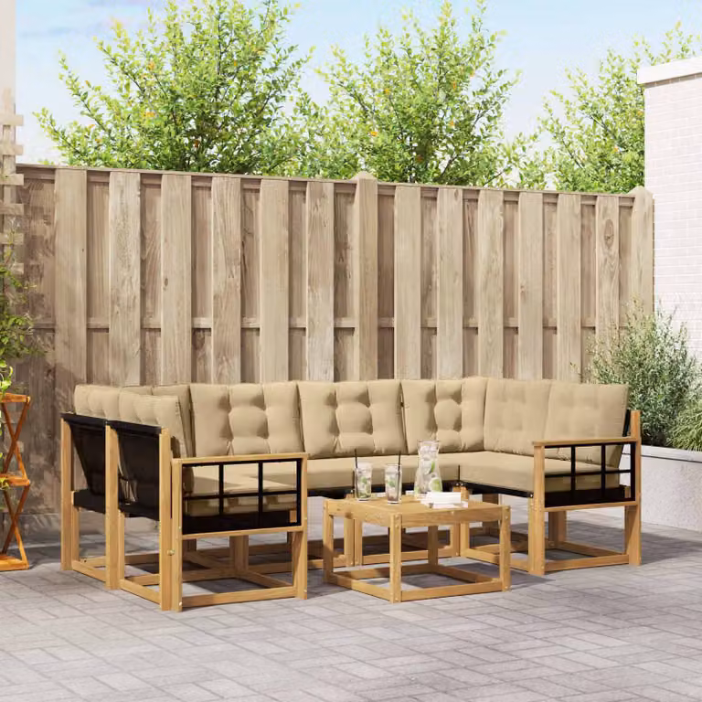 Set di divani da esterno vidaXL 7 pz a forma di L in legno di acacia con tavolino, colori bianco, beige e marrone