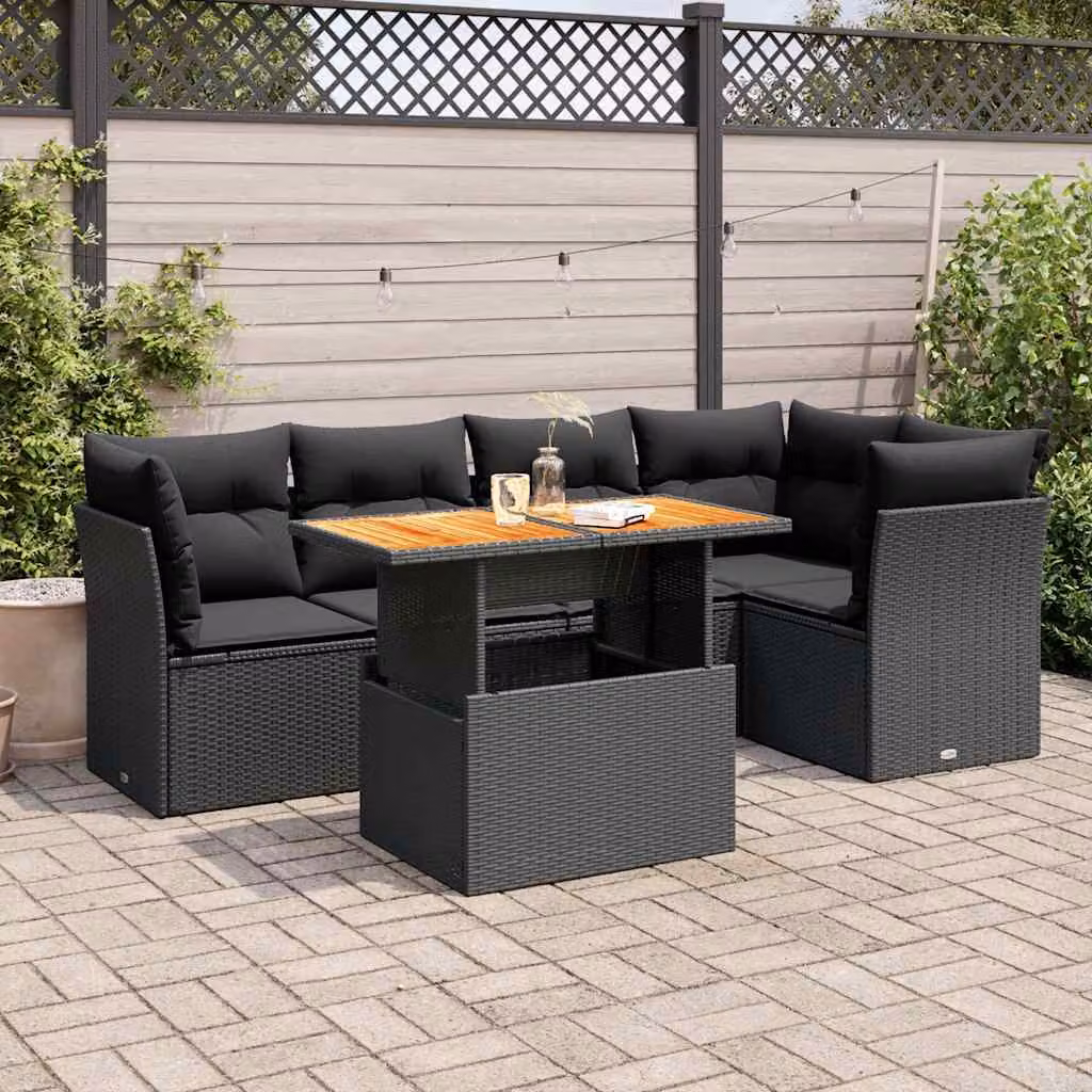 Set Divano da Giardino vidaXL 6 pz in Polyrattan e Legno di Acacia Oliato, Nero