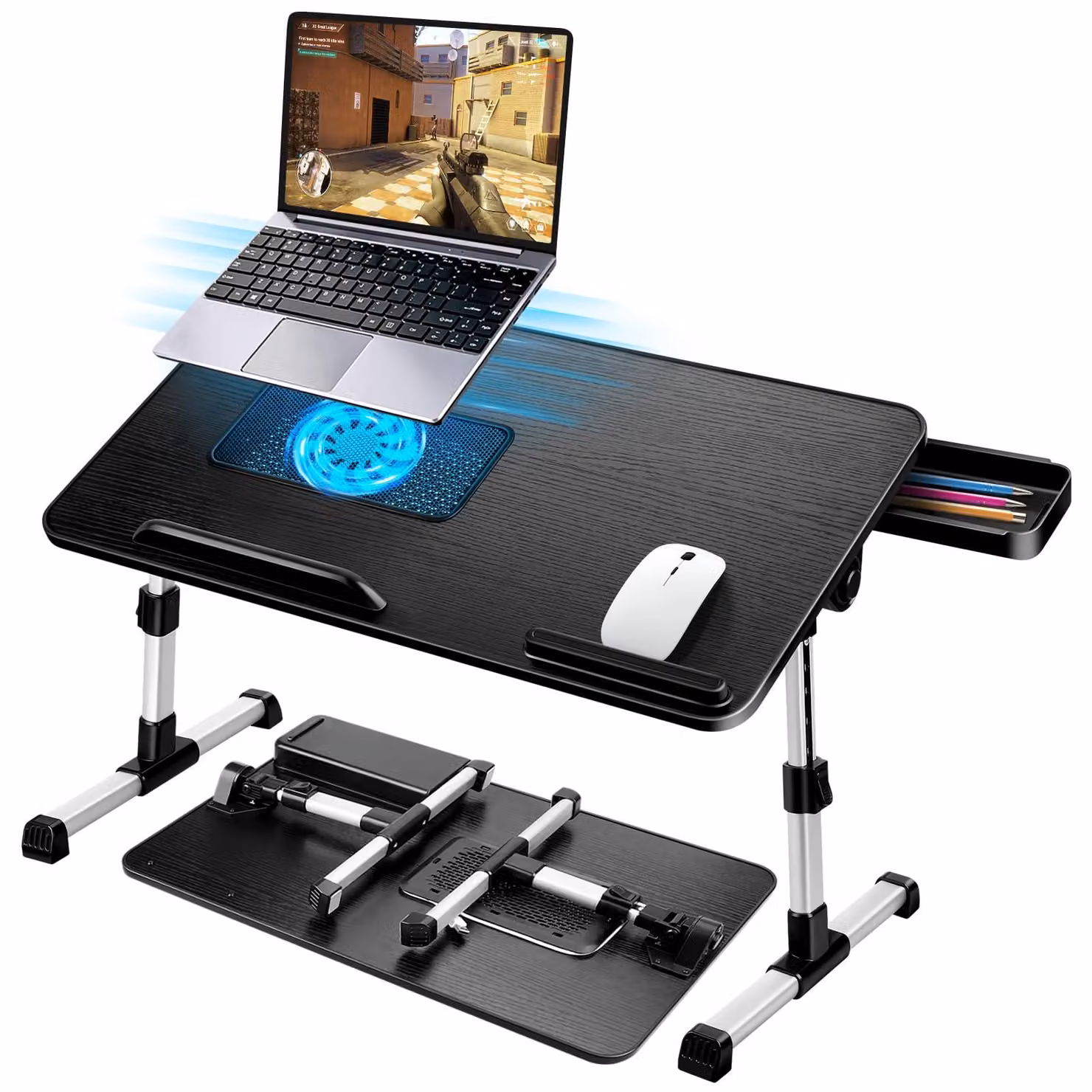 Tavolo per laptop, dimensioni 53 x 30 cm, regolabile in altezza e inclinazione, pieghevole, con ventola e cassetto, colore nero, ideale per l'uso a letto